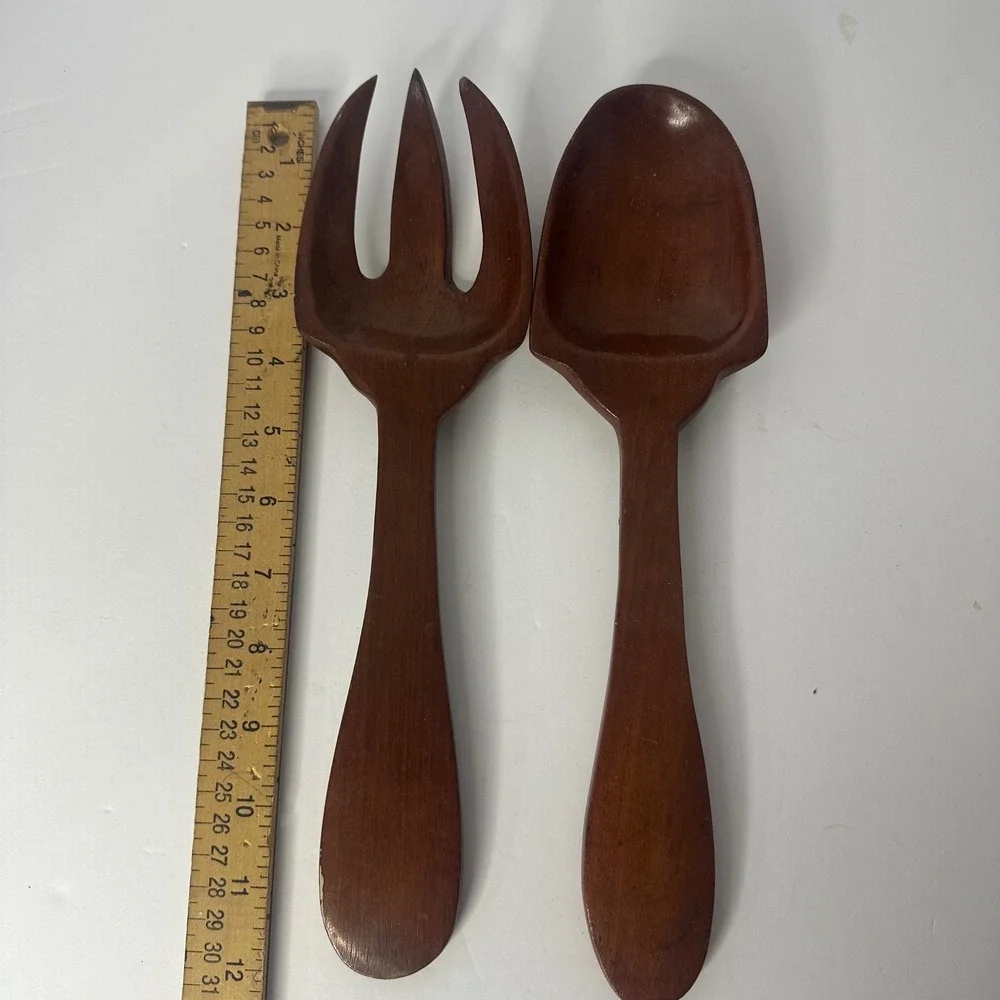 Vintage Tropical Brand Wooden Salad Serving Set Handcrafted Haiti Fork Spoon